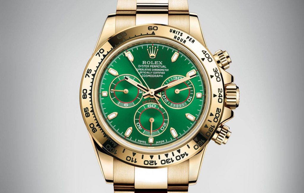 The gold copy watches have green dials.