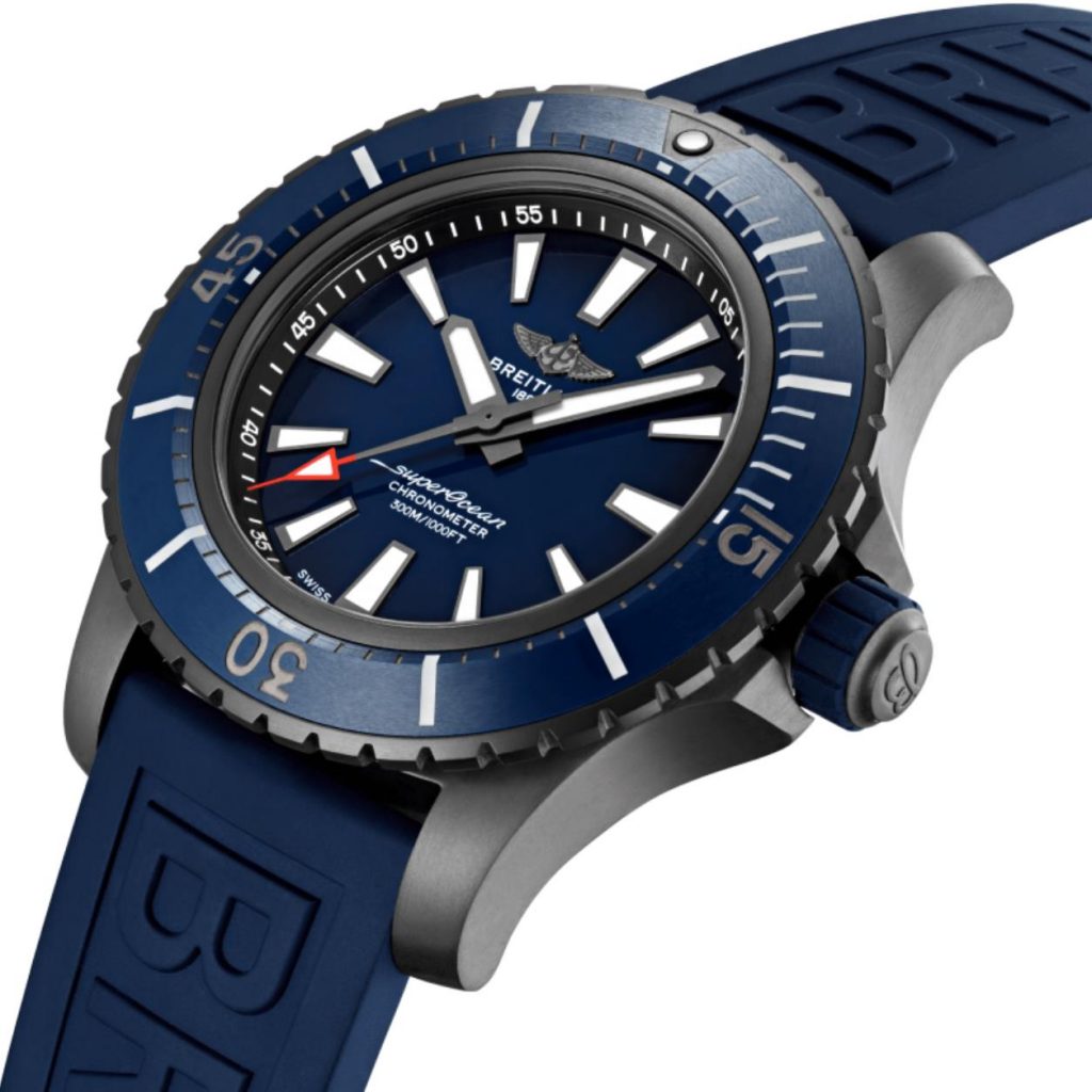 The waterproof replica watch has a blue dial.