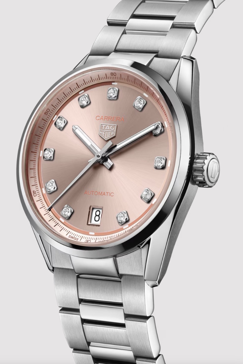 A Feminine Touch Of Luxury: UK Luxury Pink Dials Rolex Datejust And TAG Heuer Carrera Date Fake Watches With Diamond Hour Markers